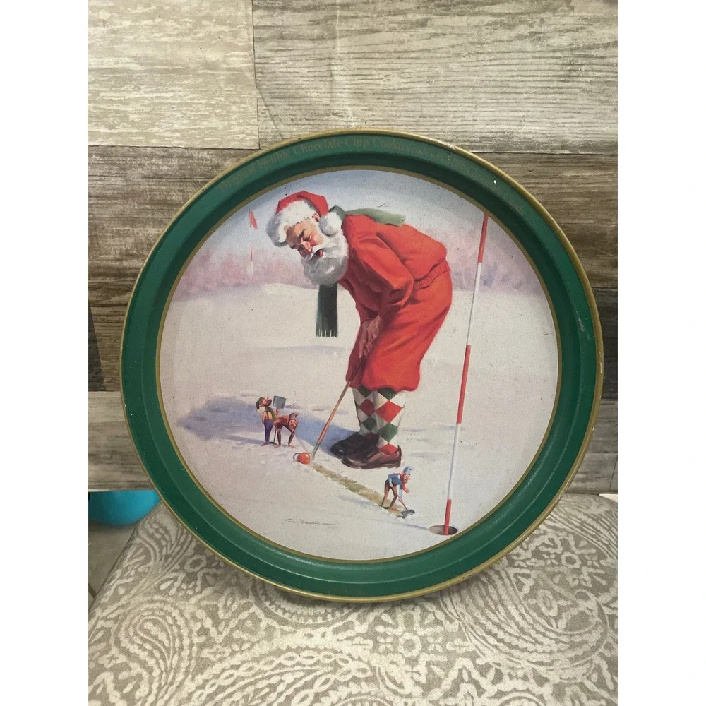 Vintage Easy Putt Santa Golfing Cookie Tin Tom Browning Christmas Decor Green